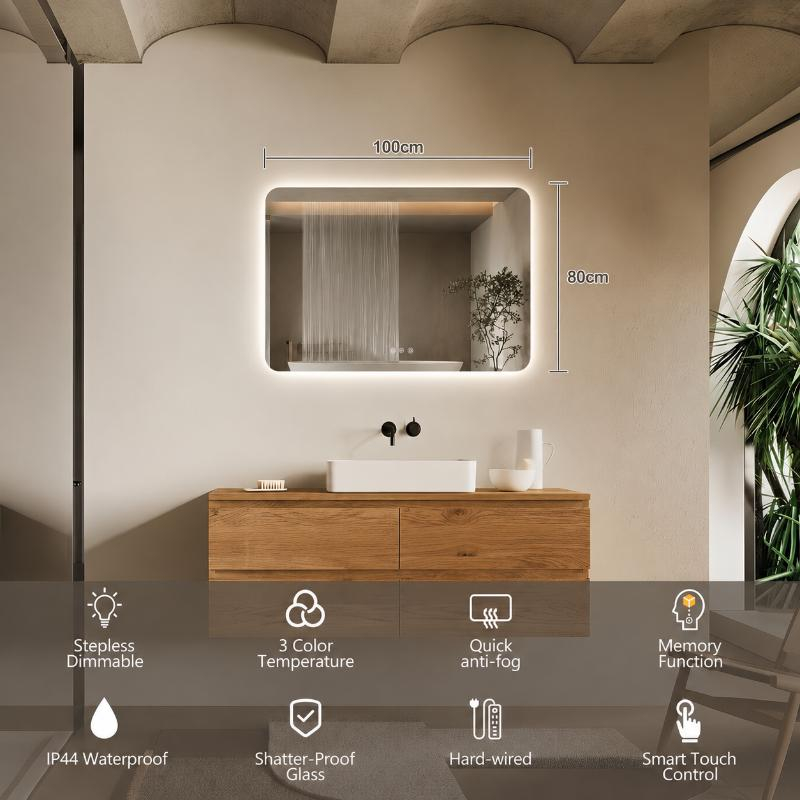 Oglindă Fluminia Verona 120, dreptunghiulară 120 x 80 cm, cu iluminare LED, 3 culori, dezaburire